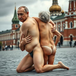 A surreal and satirical portrait of Vladimir Putin engaging in naturism, humorously depicted with an exaggerated perfect body, featuring a large cleavage and a slim waist