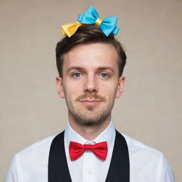 A man with two distinct, separate bowtie ribbons positioned on his head, each contributing to his quirky style.