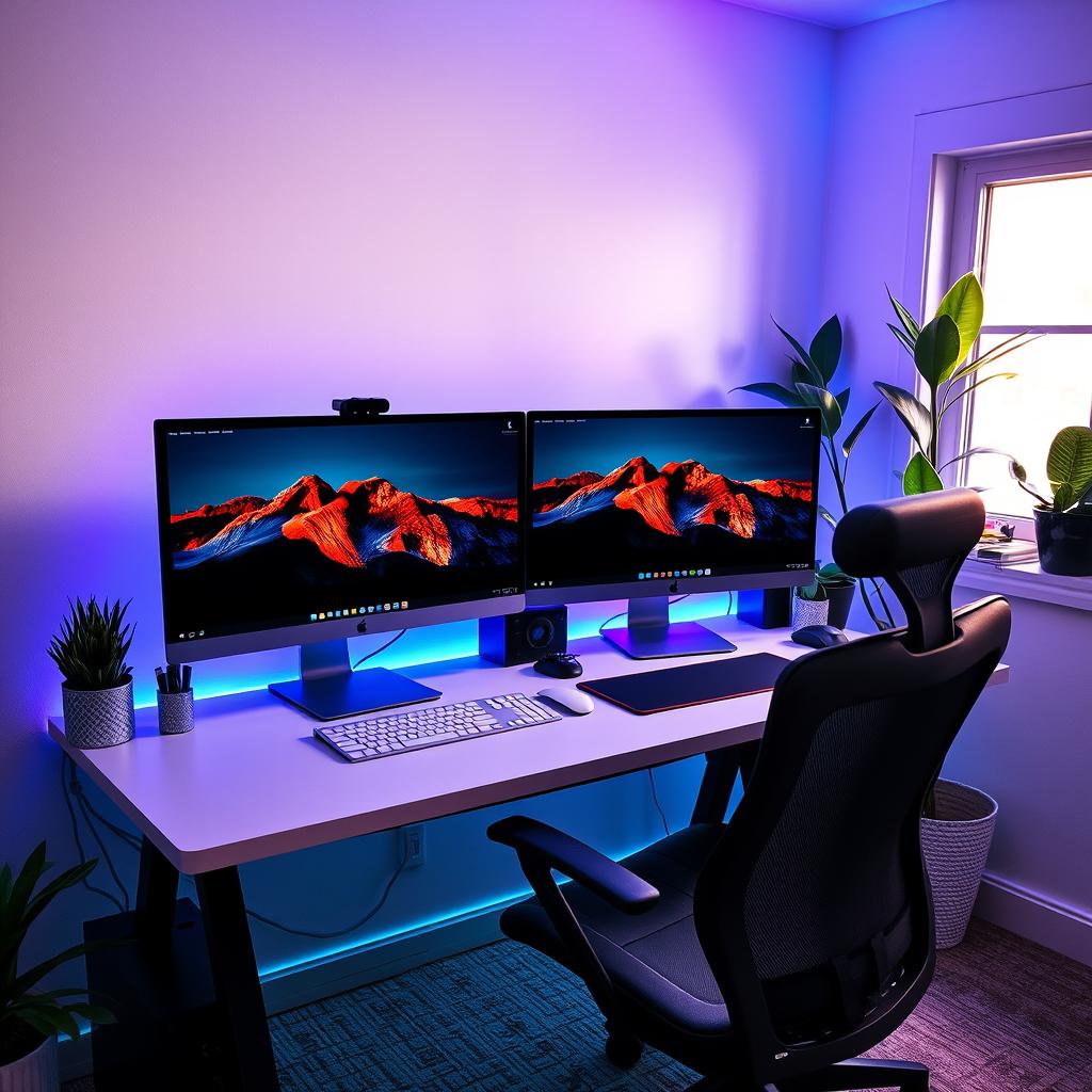 a compact home office setup featuring two computer monitors, elegantly arranged on a sleek desk