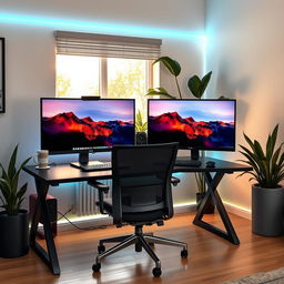 a compact home office setup featuring two computer monitors, elegantly arranged on a sleek desk