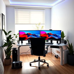 a compact home office setup featuring two computer monitors, elegantly arranged on a sleek desk