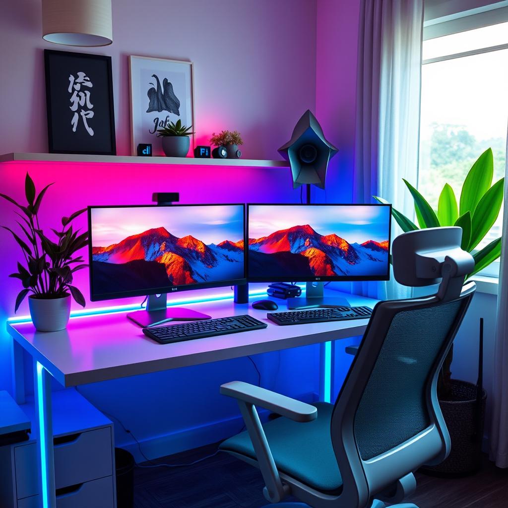 a compact home office setup featuring two computer monitors, elegantly arranged on a sleek desk