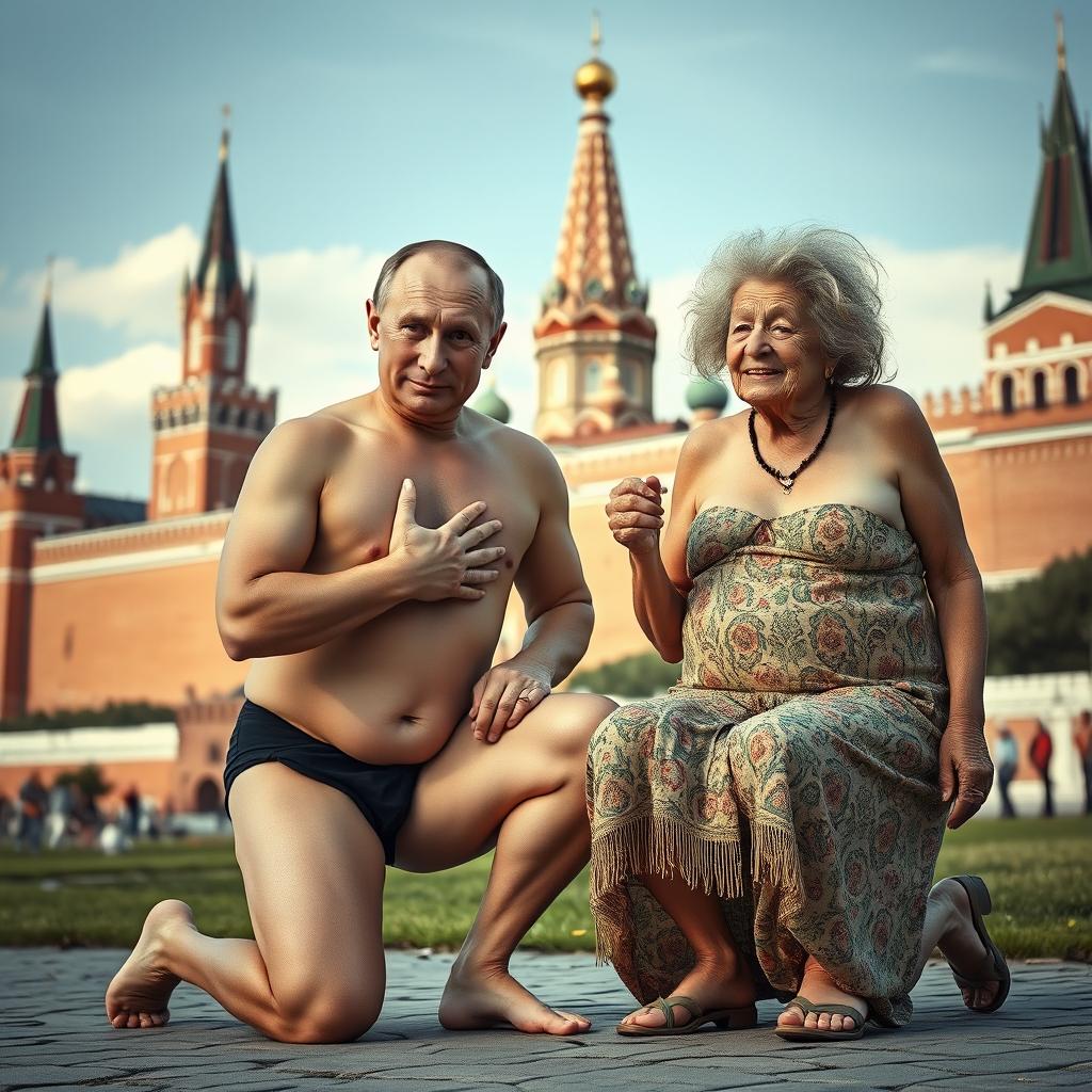 A surreal and satirical portrait of Vladimir Putin engaging in naturism, humorously depicted with an exaggerated perfect body, featuring a large cleavage and a slim waist