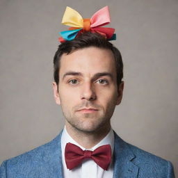 A man with two distinct, separate bowtie ribbons positioned on his head, each contributing to his quirky style.