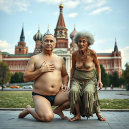 A surreal and satirical portrait of Vladimir Putin engaging in naturism, humorously depicted with an exaggerated perfect body, featuring a large cleavage and a slim waist