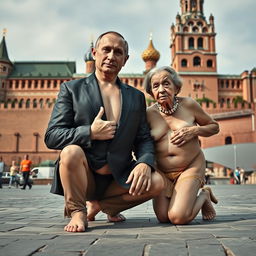 A surreal and satirical portrait of Vladimir Putin engaging in naturism, humorously depicted with an exaggerated perfect body, featuring a large cleavage and a slim waist