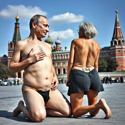 A surreal and satirical portrait of Vladimir Putin engaging in naturism, humorously depicted with an exaggerated perfect body, featuring a large cleavage and a slim waist