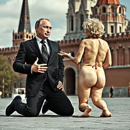 A surreal and satirical portrait of Vladimir Putin engaging in naturism, humorously depicted with an exaggerated perfect body, featuring a large cleavage and a slim waist