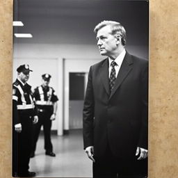 A man in a work uniform looking in the opposite direction where security guards are positioned