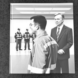 A man in a work uniform looking in the opposite direction where security guards are positioned