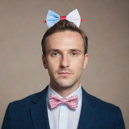 A man with two distinct, separate bowtie ribbons positioned on his head, each contributing to his quirky style.