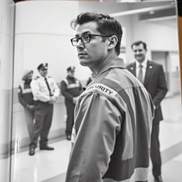 A man in a work uniform looking in the opposite direction where security guards are positioned