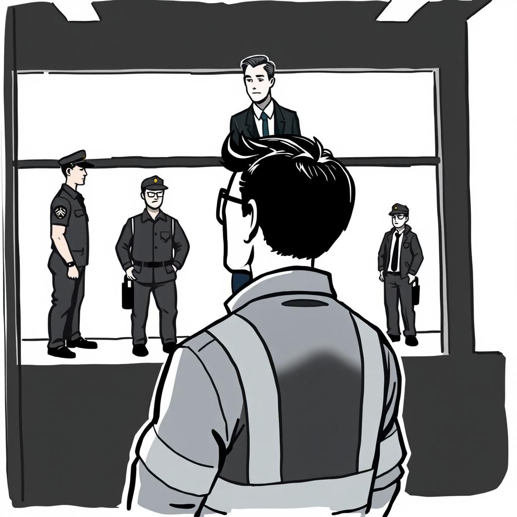 A cartoon-style illustration of a man in a work uniform looking in the opposite direction where security guards are positioned