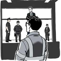 A cartoon-style illustration of a man in a work uniform looking in the opposite direction where security guards are positioned