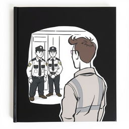 A cartoon-style illustration of a man in a work uniform looking in the opposite direction where security guards are positioned