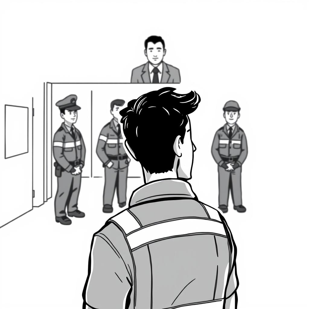 A cartoon-style illustration of a man in a work uniform looking in the opposite direction where security guards are positioned