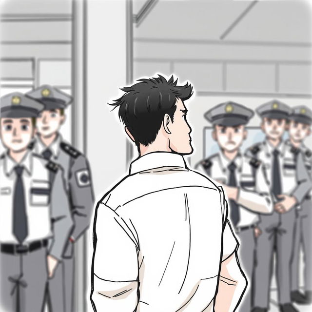 A cartoon-style illustration featuring a man in a work uniform looking in the opposite direction toward security guards, with a gentleman in a suit positioned slightly above