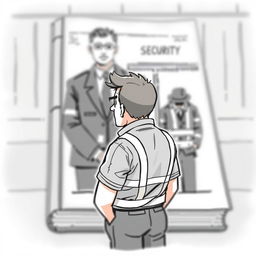 A cartoon-style illustration featuring a man in a work uniform looking in the opposite direction toward security guards, with a gentleman in a suit positioned slightly above