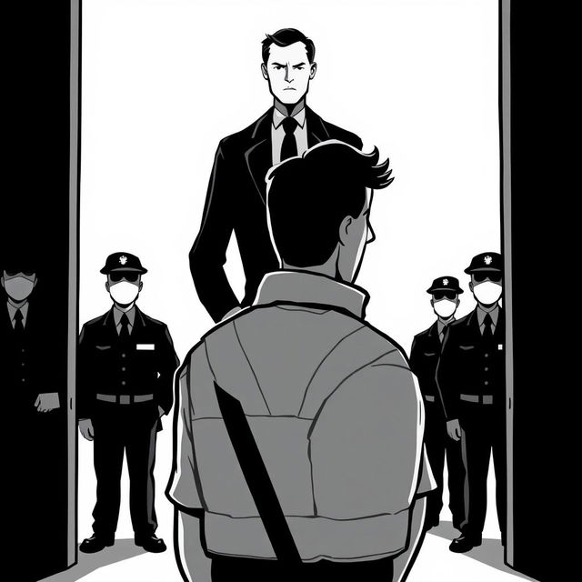 A cartoon-style illustration of a man in a work uniform looking in the opposite direction towards completely black security guards, with a gentleman in a suit slightly above