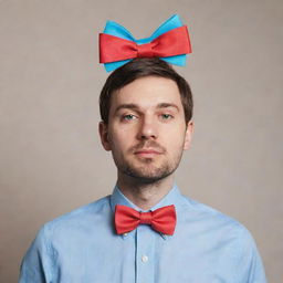 A man with two distinct, separate bowtie ribbons positioned on his head, each contributing to his quirky style.