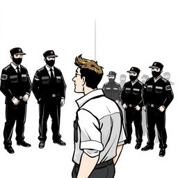 A cartoon-style illustration of a man in a work uniform looking in the opposite direction towards completely black security guards, with a gentleman in a suit slightly above