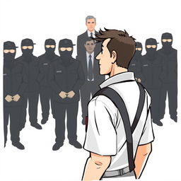 A cartoon-style illustration of a man in a work uniform looking in the opposite direction towards completely black security guards, with a gentleman in a suit slightly above