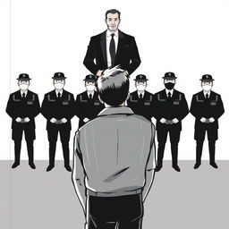 A cartoon-style illustration of a man in a work uniform looking in the opposite direction towards completely black security guards, with a gentleman in a suit slightly above