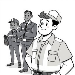 A black and white cartoon-style illustration with fully black colored characters: a man in a work uniform looking opposite towards security guards, with a gentleman in a suit slightly above