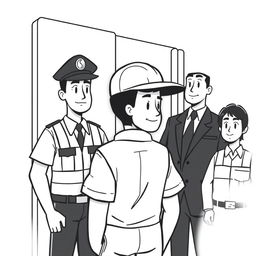 A black and white cartoon-style illustration with fully black colored characters: a man in a work uniform looking opposite towards security guards, with a gentleman in a suit slightly above