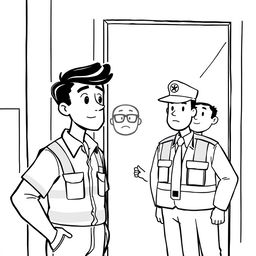 A black and white cartoon-style illustration with fully black colored characters: a man in a work uniform looking opposite towards security guards, with a gentleman in a suit slightly above