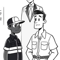 A black and white cartoon-style illustration with fully black colored characters: a man in a work uniform looking opposite towards security guards, with a gentleman in a suit slightly above