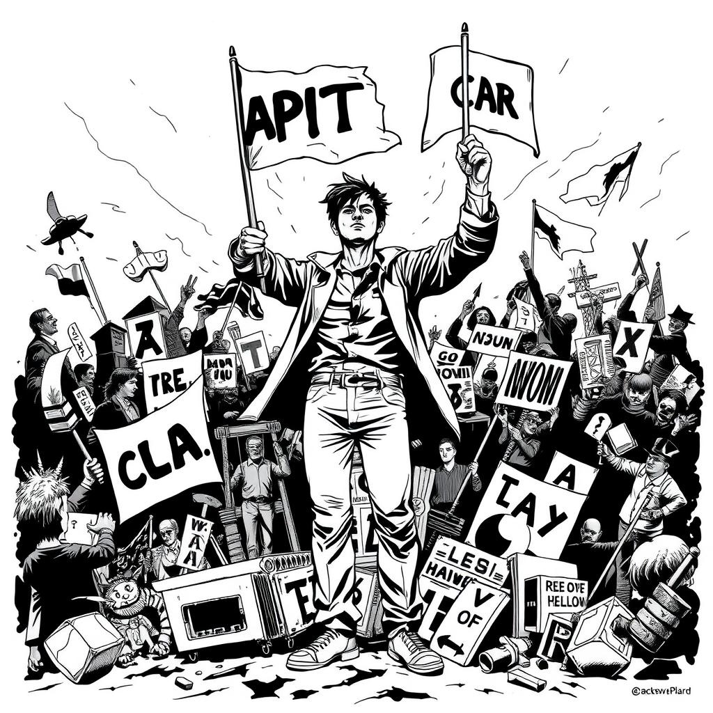 A powerful black and white illustration depicting a person fighting against capitalism, predominantly using black tones, symbolizing struggle and resistance