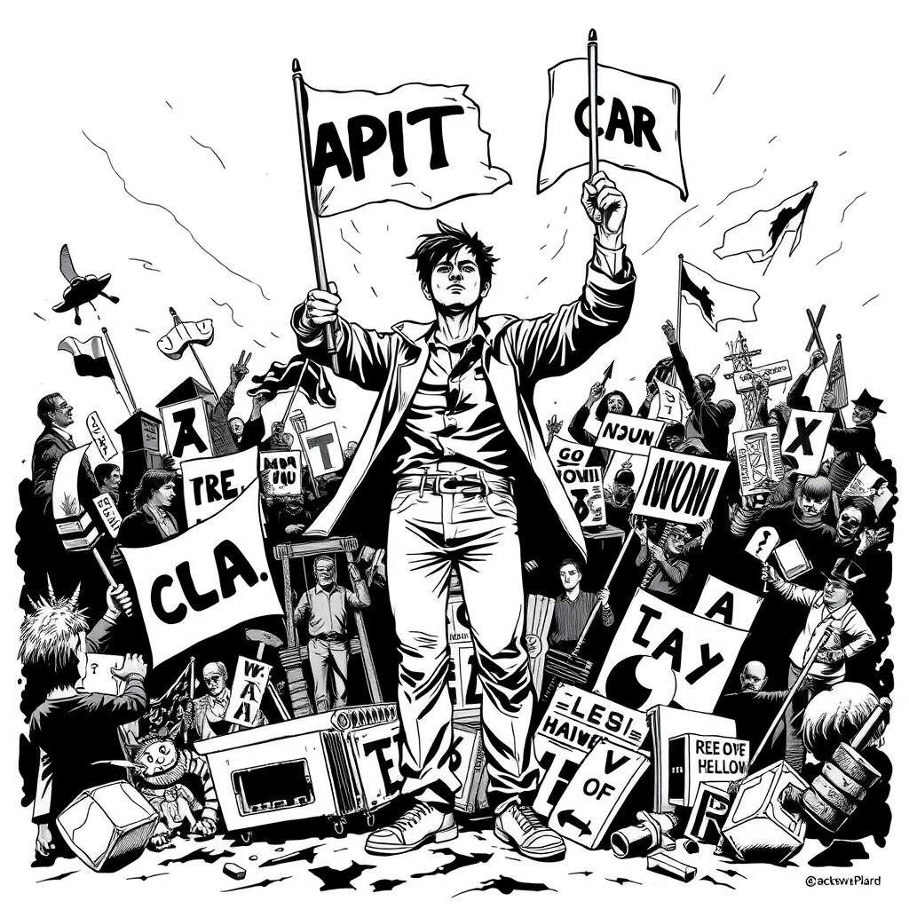 A powerful black and white illustration depicting a person fighting against capitalism, predominantly using black tones, symbolizing struggle and resistance