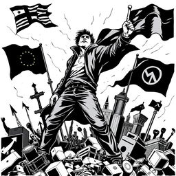 A powerful black and white illustration depicting a person fighting against capitalism, predominantly using black tones, symbolizing struggle and resistance