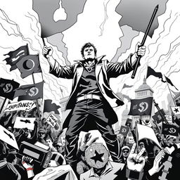 A powerful black and white illustration depicting a person fighting against capitalism, predominantly using black tones, symbolizing struggle and resistance