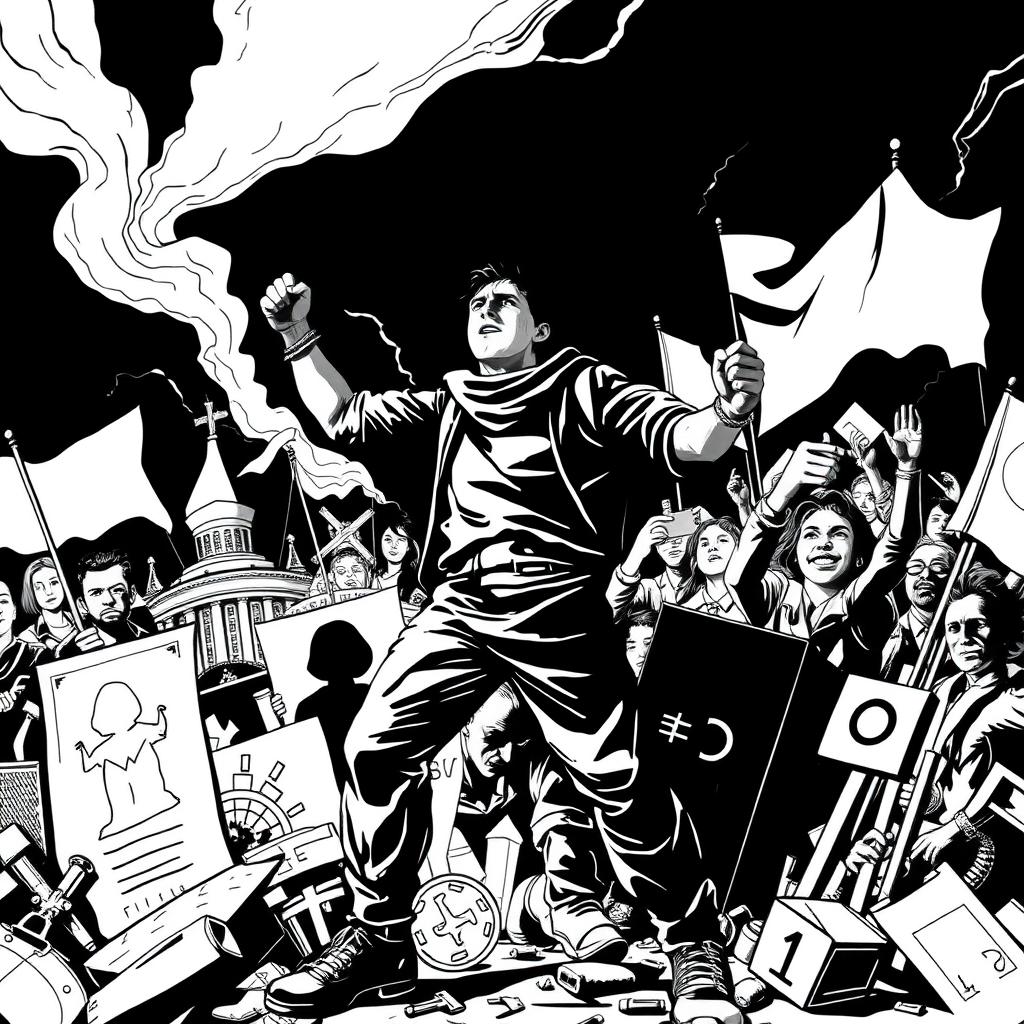 A powerful black and white illustration depicting a person fighting against capitalism, predominantly using black tones, symbolizing struggle and resistance