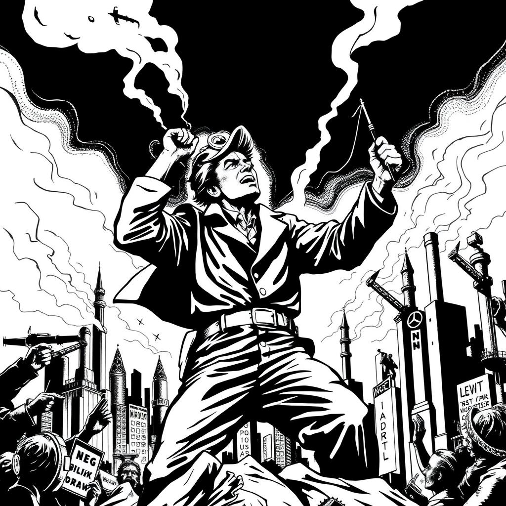 A striking black and white illustration of a person battling 20th-century capitalism, predominantly using black tones