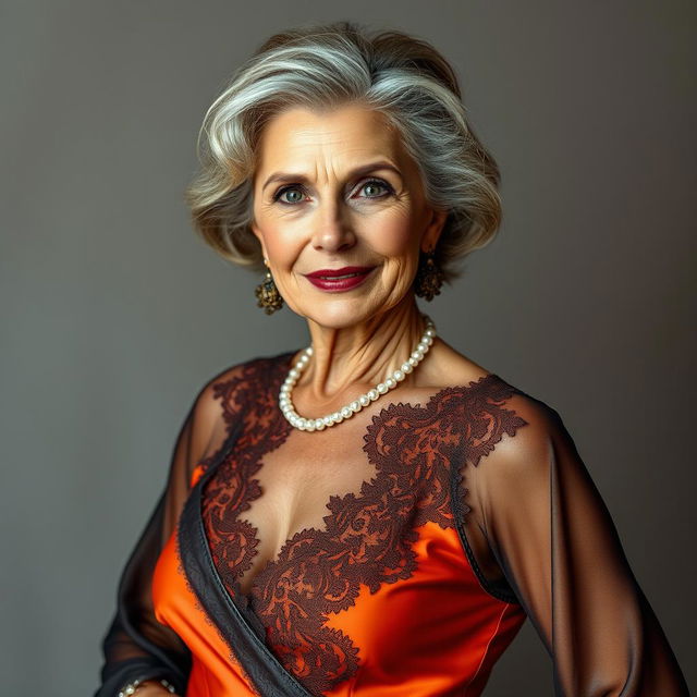 A 70-year-old Slavic woman wearing sexy, elegant clothing that accentuates her mature beauty