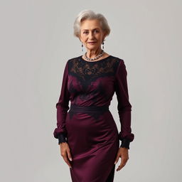 A 70-year-old Slavic woman wearing sexy, elegant clothing that accentuates her mature beauty