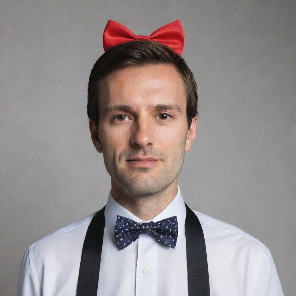 A man with two distinctive bowtie ribbons, one situated uniquely on the left side and the other on the right side of his head.