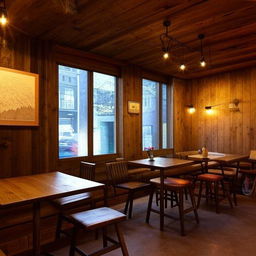 A cozy and welcoming café with a rustic interior, filled with wooden furniture, soft ambient lighting, and walls adorned with vintage coffee-related art.