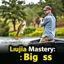 A man wearing a gray fishing jersey is standing on a boat, casting his fishing rod into the tranquil water, while a large bass fish leaps dramatically out of the water, perfectly aligned at the level of the fishing line to create a sense of natural movement