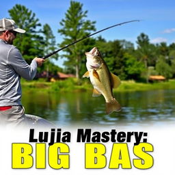 A man wearing a gray fishing jersey is standing on a boat, casting his fishing rod into the tranquil water, while a large bass fish leaps dramatically out of the water, perfectly aligned at the level of the fishing line to create a sense of natural movement