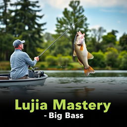 A man wearing a gray fishing jersey is standing on a boat, casting his fishing rod into the tranquil water, while a large bass fish leaps dramatically out of the water, perfectly aligned at the level of the fishing line to create a sense of natural movement