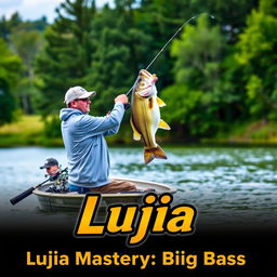 A man wearing a gray fishing jersey is standing on a boat, casting his fishing rod into the tranquil water, while a large bass fish leaps dramatically out of the water, perfectly aligned at the level of the fishing line to create a sense of natural movement