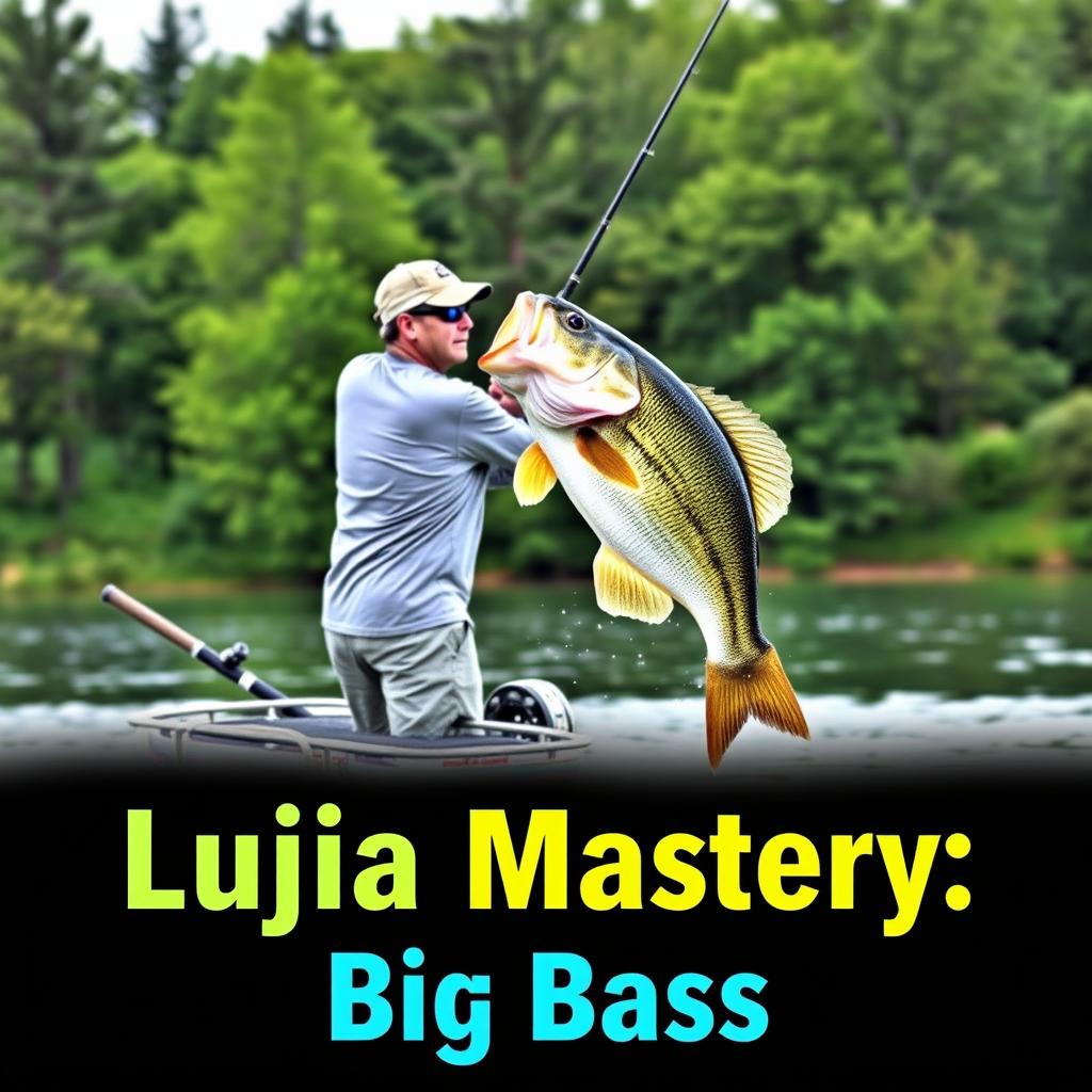 A man wearing a gray fishing jersey is standing on a boat, casting his fishing rod into the tranquil water, while a large bass fish leaps dramatically out of the water, perfectly aligned at the level of the fishing line to create a sense of natural movement