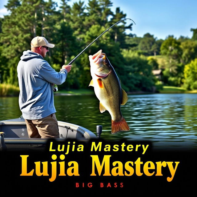 A man wearing a gray fishing jersey is standing on a boat, casting his fishing rod into the tranquil water, while a large bass fish leaps dramatically out of the water, perfectly aligned at the level of the fishing line to create a sense of natural movement