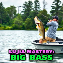 A man wearing a gray fishing jersey is standing on a boat, casting his fishing rod into the tranquil water, while a large bass fish leaps dramatically out of the water, perfectly aligned at the level of the fishing line to create a sense of natural movement