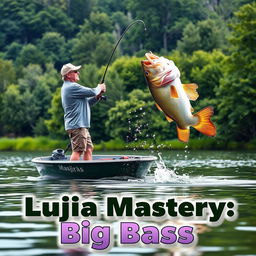 Art thumbnail depicting a man wearing a gray fishing jersey standing on a boat, casting his fishing rod into the water as a large bass fish leaps dramatically out of the water, naturally positioned at the level of the fishing line