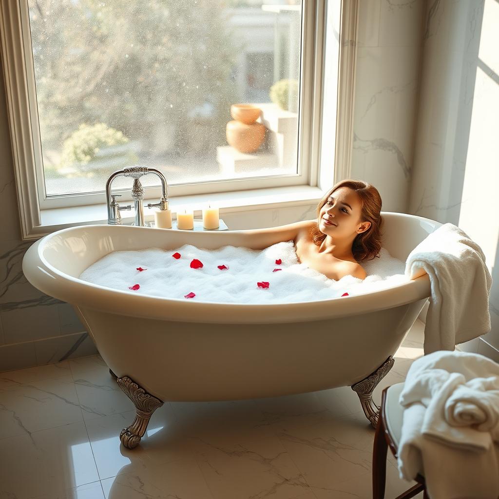 A serene bathroom scene with a young adult woman relaxing in a stylish clawfoot bathtub filled with bubbles